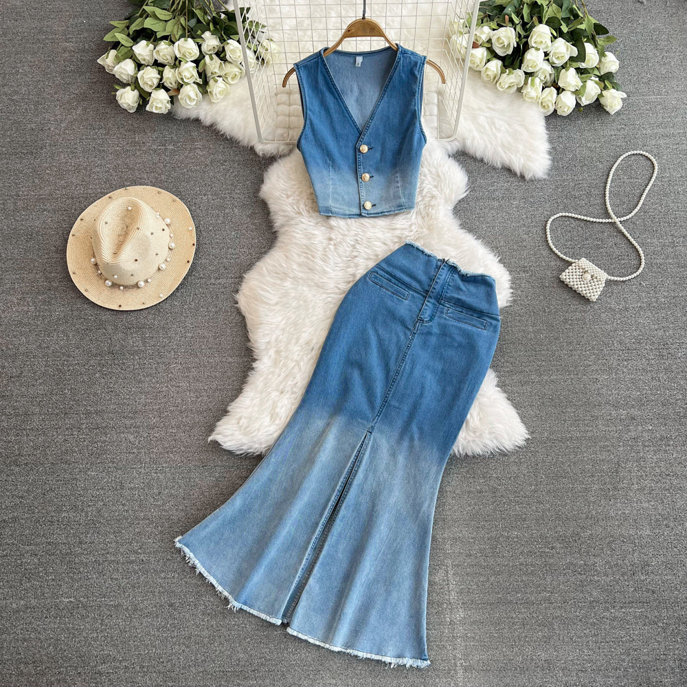 DEGRADE DENIM VEST SET