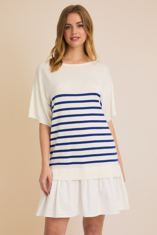 BOAT NECK WOVEN MIX DRESS