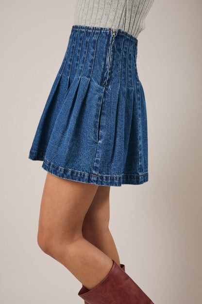 PLEATED DENIM MINI SKIRT