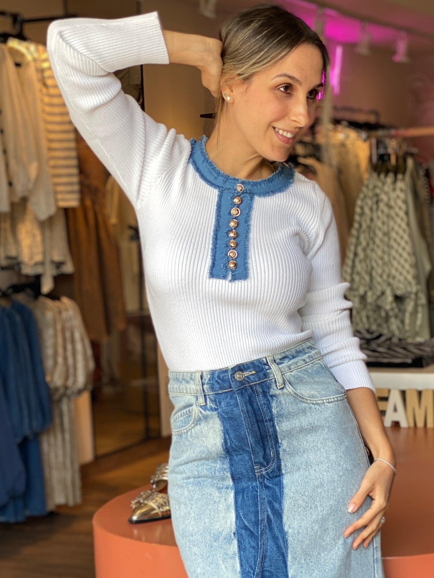 RIBBED DENIM DETAIL TOP