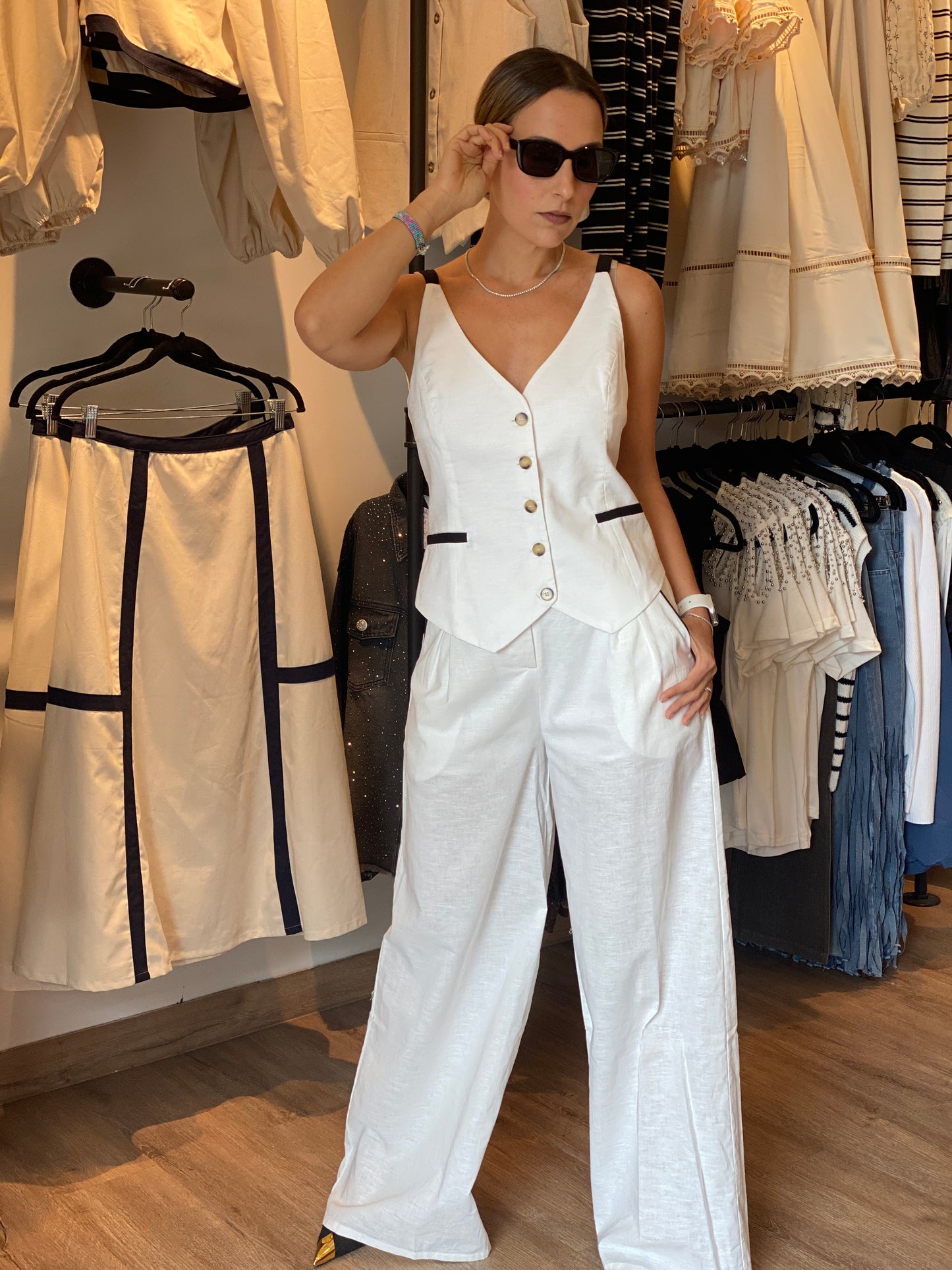 PIPING LINEN VEST SET